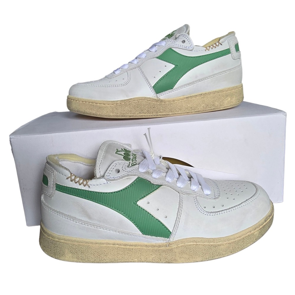 Diadora Haritage Mi Basket Row Cut White Stone Green Used Look Sneakers US 5M 6W
